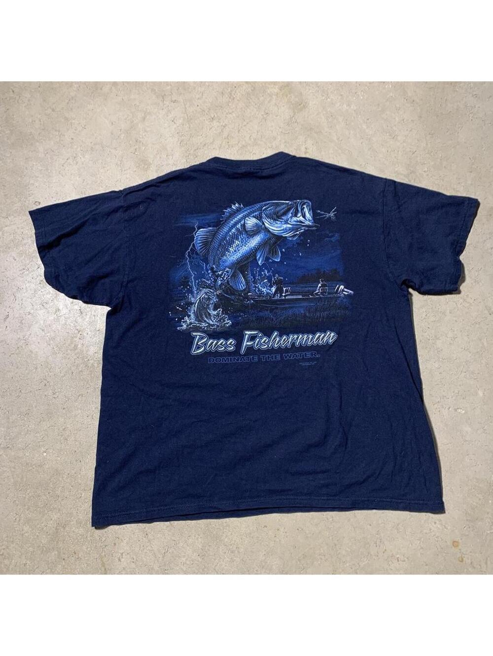 Vintage Y2K Bass Fisherman Fishing T Shirt Navy Mens L Gildan Fish Graphic